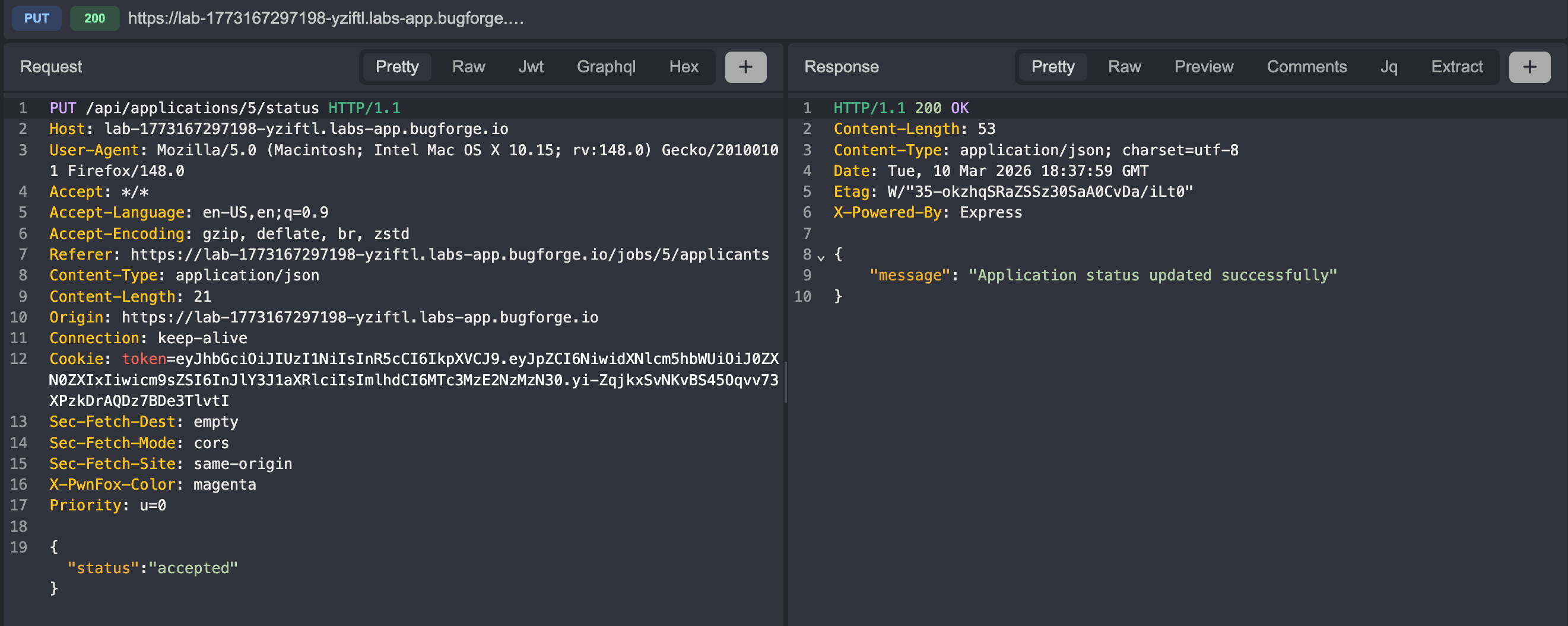 Initial application acceptance request